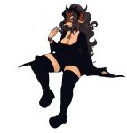  black_clothing black_lips boots breasts canine cleavage clothed clothing dog dress female footwear hair headdress itsa_winter jewelry legwear long_hair looking_at_viewer mammal necklace platform_shoes sitting slightly_chubby smile smirk solo thick_thighs wally 
