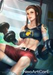  abs arm_wrap artist_name belt biceps brigitte_(overwatch) brown_eyes brown_hair collarbone crop_top dumbbell fingerless_gloves freckles gloves kettlebell looking_at_viewer midriff muscle muscular_female navel nudtawut_thongmai overwatch ponytail short_shorts shorts shoulder_tattoo sitting smile socks solo sweat tattoo toned torn_clothes torn_sleeves weightlifting weights white_legwear 