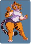  2018 absurd_res anthro clothed clothing feline female hi_res joelasko kung_fu_panda looking_at_viewer mammal master_tigress simple_background smile solo stripes tiger yellow_sclera 