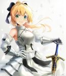  ahoge armor armored_dress artoria_pendragon_(all) bad_id bad_pixiv_id bangs black_bow blonde_hair bow breastplate cowboy_shot detached_sleeves dress excalibur eyebrows_visible_through_hair fate/grand_order fate/unlimited_codes fate_(series) floating_hair gauntlets green_eyes hair_between_eyes hair_bow hand_on_hilt highres long_hair looking_at_viewer saber_lily shi-ro sleeveless sleeveless_dress solo standing white_background white_dress 