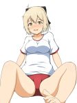  :d absurdres ahoge bangs bare_legs barefoot black_bow blush bow breasts buruma cameltoe commentary_request eyebrows_visible_through_hair fate/grand_order fate_(series) gym_shirt gym_uniform hair_between_eyes hair_bow highres koha-ace light_brown_hair looking_at_viewer medium_breasts mitchi nose_blush okita_souji_(fate) okita_souji_(fate)_(all) open_mouth red_buruma shiny shiny_skin shirt short_sleeves simple_background sitting smile solo white_background white_shirt yellow_eyes 