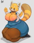  aggressive_retsuko anthro belly big_breasts big_butt breasts butt clothed clothing dryadex female grey_background hi_res huge_butt kneeling mammal nipples red_panda retsuko sanrio signature simple_background slightly_chubby solo voluptuous 