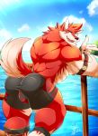  2018 5_fingers abs absurd_res anthro biceps big_biceps big_muscles canine clothing daikitei digital_media_(artwork) fur hi_res looking_at_viewer male mammal muscular muscular_male nipples outside pecs red_fur simple_background solo wolf 