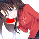  black_skirt blue_eyes brown_hair commentary_request fate/stay_night fate_(series) hair_ribbon heart holding_heart kino_hazuki long_hair looking_at_viewer pleated_skirt ribbon skirt smile sweater toosaka_rin transparent_background two_side_up 
