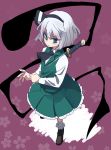  ascot bangs bow brown_footwear floral_background full_body green_eyes green_skirt hair_bow highres konpaku_youmu konpaku_youmu_(ghost) long_sleeves nunupon0514 pleated_skirt short_hair skirt skirt_set socks solo sword sword_behind_back touhou weapon white_hair white_legwear 