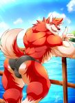  2018 5_fingers abs absurd_res anthro biceps big_biceps big_muscles canine daikitei digital_media_(artwork) fur hi_res looking_at_viewer male mammal muscular muscular_male nipples pecs red_fur simple_background solo wolf 