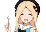  :d ^_^ abigail_williams_(fate/grand_order) bangs beret black_bow black_hat blonde_hair blue_dress blush bow closed_eyes collarbone commentary_request dress eyebrows_visible_through_hair facing_viewer fate/grand_order fate_(series) forehead hair_bow hat highres holding long_hair mimikaki mitchi open_mouth parted_bangs portrait simple_background sleeveless sleeveless_dress smile solo white_background 