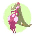  2016 breasts eyelashes female flora_fauna frown green_hair hair hands_on_hips hi_res humanoid nintendo not_furry pink_eyes plant pok&eacute;mon pok&eacute;mon_(species) pok&eacute;morph simple_background slb solo thick_thighs tsareena video_games wide_hips 