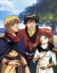  2boys 90s :o azalyn blonde_hair bracer brown_eyes brown_hair cape day hand_on_another's_shoulder harold_katori highres justy_ueki_tylor long_hair multiple_boys musekinin_kanchou_tylor nature navel navel_cutout official_art open_mouth outdoors parted_lips pauldrons ponytail red_hair short_hair shoulder_cutout tiara upper_teeth wristband 
