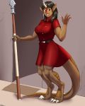 animal_humanoid big_breasts black_hair breasts claws clothed clothing female freckles hair happy horn humanoid isher kinky-kitty melee_weapon open_mouth out-of-placers plankboy polearm red_eyes scales solo spear uniform weapon 