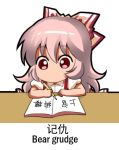 bow chibi chinese chinese_commentary commentary_request english eyebrows_visible_through_hair fujiwara_no_mokou hair_bow holding holding_pencil long_hair looking_down no_mouth paper pencil pink_hair puffy_short_sleeves puffy_sleeves red_eyes shangguan_feiying shirt short_sleeves simple_background solo suspenders touhou translated upper_body white_background white_bow white_shirt wing_collar 