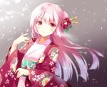  bangs floating_hair flower gradient gradient_background grey_background hair_between_eyes hair_flower hair_ornament highres japanese_clothes kimono long_hair looking_at_viewer obi original pink_hair red_eyes red_flower sash shiro_kuma_shake smile snowflakes solo upper_body very_long_hair 