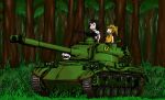  african_wild_dog_(kemono_friends) brown_bear_(kemono_friends) commentary_request daijobuda golden_snub-nosed_monkey_(kemono_friends) grass ground_vehicle gun highres japari_symbol jungle kemono_friends machine_gun military military_vehicle motor_vehicle multiple_girls nature tank tree type_61_(tank) weapon 