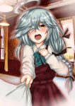  ahoge black_ribbon blue_neckwear blush bow bowtie braid clothes_grab commentary_request curtains fire_maxs grey_hair hair_over_one_eye hair_ribbon hamanami_(kantai_collection) highres indoors kantai_collection long_hair long_sleeves looking_at_viewer open_mouth out_of_frame ribbon school_uniform shirt single_braid solo_focus white_shirt window yellow_eyes 