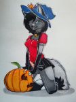  2017 anthro balls canine clothed clothing costume dickgirl erection food fox fruit grey_fox hair halloween hat herm holidays intersex jack-o-lantern looking_at_viewer magic_user mammal penis pumpkin simple_background skirt smile traditional_media_(artwork) vik_hollow witch witch_hat yuif0x 
