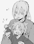  1girl arm_grab bedivere braid check_translation child fate/grand_order fate_(series) french_braid grey_background greyscale hair_between_eyes long_hair long_sleeves monochrome mordred_(fate) mordred_(fate)_(all) morimokimori open_mouth ponytail sweat tearing_up translation_request upper_body younger 