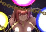  bare_shoulders blurry breasts chain chain_between_breasts cleavage depth_of_field earth_(ornament) eyes_visible_through_hair grin hecatia_lapislazuli highres large_breasts moon_(ornament) polos_crown red_eyes red_hair smile solo takeka_fungi touhou 