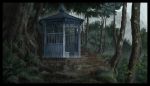  black_border border commentary_request day forest gazebo grass highres nature no_humans original outdoors rain scenery touhou tree 