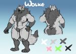  anthro body_hair butt canine chest_hair colored_sketch featureless_crotch male mammal mature_male model_sheet muscular muscular_male nude pecs smile solo standing wolkewolf_(artist) 