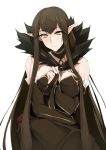  between_breasts black_dress black_hair breasts bridal_gauntlets commentary_request detached_sleeves dress fate/apocrypha fate/grand_order fate_(series) frills fur_trim hand_between_breasts long_dress long_hair pointy_ears semiramis_(fate) sitting smile very_long_hair yellow_eyes zekkyon 