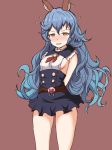  :d absurdres animal_ears arms_behind_back bangs blue_hair blue_skirt blush breasts brown_background bunny_ears commentary_request cowboy_shot erune eyebrows_visible_through_hair ferry_(granblue_fantasy) flying_sweatdrops granblue_fantasy hair_between_eyes high-waist_skirt highres jewelry long_hair looking_at_viewer medium_breasts mitchi nose_blush open_mouth shirt sideboob simple_background single_earring skirt sleeveless sleeveless_shirt smile solo v-shaped_eyebrows very_long_hair wavy_hair wavy_mouth white_shirt 