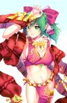  arm_up bangle bow bracelet breasts cleavage cowboy_shot dancer fire_emblem fire_emblem:_seisen_no_keifu foreshortening green_eyes green_hair hair_bow highres jewelry large_breasts leen_(fire_emblem) looking_at_viewer midriff navel necklace pelvic_curtain pendant ponytail sash short_hair simple_background smile solo streya thigh_strap white_background 