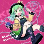  :d adapted_costume aqua_hair black_footwear black_hat boots bow casual character_name choker collarbone commentary_request contemporary diamond_(shape) frilled_skirt frilled_sleeves frills gradient_hair green_eyes green_hair green_skirt hat hat_bow heart heart_of_string jacket koishi_day komeiji_koishi long_hair looking_at_viewer mikagami_hiyori multicolored_hair open_mouth pink_background skirt smile solo third_eye touhou yellow_bow yellow_jacket 