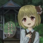  :d bangs birijian blonde_hair blurry blurry_background blush bow brown_eyes commentary_request eyebrows_visible_through_hair gazebo hair_bow hand_on_own_chest long_sleeves looking_at_viewer open_mouth outdoors red_bow rumia short_hair smile solo speech_bubble touhou translation_request upper_body 