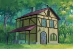  bucket bush calligraphy_brush_(medium) chimney commentary_request day door graphite_(medium) grass highres house lamp nature no_humans outdoors scenery touhou traditional_media tree weather_vane well window 