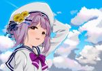  blue_sky bow brown_eyes cloud day dress flower hair_flower hair_intakes hair_ornament hairpin hand_on_headwear hat idolmaster idolmaster_cinderella_girls kirarin369 koshimizu_sachiko long_sleeves looking_at_viewer open_mouth purple_hair sailor_dress sailor_hat short_hair sky solo 