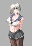  1girl artist_request blue_eyes breasts cleavage hair_clip hamakaze_(kantai_collection) hands_behind_back highres kantai_collection large_breasts midriff navel one_eye_covered open_mouth pantyhose revealing_clothes short_hair silver_hair skirt smile solo thighs 