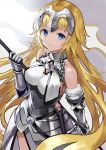  absurdres armor armored_dress blonde_hair blue_eyes breasts chain cowboy_shot dress eyebrows_visible_through_hair fate/apocrypha fate/grand_order fate_(series) floating_hair fur_trim gauntlets highres holding jeanne_d'arc_(fate) jeanne_d'arc_(fate)_(all) long_hair medium_breasts sheath sheathed sideboob sleeveless sleeveless_dress smile solo standing sword terai_(teraimorimori) very_long_hair weapon 