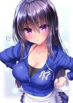  =3 apron black_hair blue_background blue_hoodie blush breasts cleavage gradient gradient_background highres large_breasts lens_flare long_hair long_sleeves looking_at_viewer mokufuu new_york_yankees original pleated_skirt pout purple_eyes skirt solo track_suit tying_apron white_background 