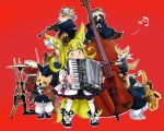  accordion animal animal_ears black_dress black_footwear blonde_hair bow clarinet commentary doitsuken dress drum drumsticks fox fox_child_(doitsuken) fox_ears fox_tail head_scarf instrument multiple_tails music musical_note one_eye_closed original pants playing_instrument raccoon red_background saxophone shoe_bow shoes simple_background tail tanuki white_bow white_footwear white_neckwear white_pants 