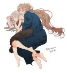  1girl alternate_costume barefoot closed_eyes couple female_my_unit_(fire_emblem_if) fire_emblem fire_emblem_if full_body grey_hair hetero highres holding_hands hug long_hair lying my_unit_(fire_emblem_if) nightgown on_side plantar_flexion pointy_ears ponytail silver_hair simple_background sleeping spooning strap_slip takumi_(fire_emblem_if) white_background yakusuke 