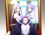  2girls alternate_costume black_neckwear blush bow bowtie cis05 closed_eyes commentary_request euryale fate/grand_order fate_(series) grin juliet_sleeves long_hair long_sleeves looking_at_viewer mephistopheles_(fate/grand_order) multiple_girls photo_(object) puffy_sleeves purple_eyes purple_hair short_hair siblings sisters smile stheno twins twintails very_long_hair window younger 
