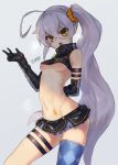  ahoge argyle argyle_legwear arm_behind_back arm_strap artist_name bare_shoulders black_gloves black_skirt blue_background blue_legwear blush breasts brown_eyes elbow_gloves girls_frontline gloves grey_hair hair_between_eyes hair_ornament hair_scrunchie head_tilt highres icenight long_hair looking_at_viewer microskirt multicolored multicolored_clothes multicolored_legwear navel open_mouth orange_scrunchie pkp_(girls_frontline) scrunchie side_ponytail single_thighhigh skindentation skirt small_breasts solo sweat thigh_strap thighhighs two-tone_legwear underboob v-shaped_eyebrows very_long_hair 