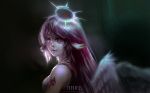  angel_wings breasts character_name closed_mouth commentary cross feathered_wings halo highres jibril_(no_game_no_life) large_breasts long_hair low_wings magic_circle multicolored multicolored_eyes no_game_no_life pink_eyes pink_hair renevatia solo symbol-shaped_pupils watermark web_address white_wings wing_ears wings yellow_eyes 