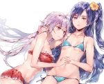  arm_around_neck ass bandeau bikini bikini_skirt blue_bikini blue_hair breasts closed_mouth collarbone commentary_request dsmile eyebrows_visible_through_hair holding_hands kazanari_tsubasa large_breasts long_hair lying multiple_girls navel on_back one_side_up purple_eyes purple_hair red_bikini revision senki_zesshou_symphogear shiny shiny_skin side-tie_bottom small_breasts swimsuit twintails underboob very_long_hair yukine_chris 