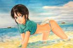  absurdres all_fours ass beach black_eyes black_hair blue_sky breasts cloud crop_top day hair_between_eyes highres isao_outaki looking_at_viewer medium_breasts outdoors panties senkou_no_night_raid short_hair sky smile solo sonogi_yukina traditional_media underboob underwear water watercolor_pencil_(medium) white_panties 