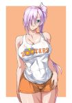  1girl artist_request breasts character_request covered_navel employee_uniform green_eyes highres hooters large_breasts long_hair navel one_eye_covered shirt shorts silver_hair solo tank_top 