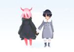  1boy 1girl amandamandapanda bandage black_cloak black_hair blue_eyes blush boots cloak coat couple darling_in_the_franxx fringe fur_boots fur_trim green_eyes grey_coat hand_holding hetero hiro_(darling_in_the_franxx) hooded_cloak horns long_hair looking_at_another oni_horns parka pink_hair red_horns red_pupils red_sclera red_skin short_hair snow snowing winter_clothes winter_coat younger zero_two_(darling_in_the_franxx) 