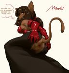  2018 anthro anus breasts brown_eyes brown_fur brown_hair butt clothing dress ecaflip english_text exposed feline female fur gloves hair hand_on_butt holding_butt lilmoonie looking_back mammal miranda_(wakfu) musk presenting presenting_hindquarters pussy simple_background solo spread_butt spreading steam sweat text wakfu white_background 