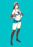  alternate_costume black_hair black_legwear blue_shorts boots breasts elbow_pads glasses green_eyes hairband hands_on_hips highres kantai_collection knee_pads long_hair looking_at_viewer midriff navel ooyodo_(kantai_collection) semi-rimless_eyewear short_shorts shorts small_breasts smile solo sports_bra standing under-rim_eyewear wrestler wrestling_outfit yuuji_(and) 