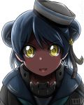  admiral_paru black_ribbon blue_hair blue_sailor_collar dixie_cup_hat double_bun fang hat hat_ribbon highres kantai_collection looking_at_viewer military_hat open_mouth ribbon sailor_collar samuel_b._roberts_(kantai_collection) school_uniform serafuku short_hair simple_background solo upper_body white_background white_hat yellow_eyes 