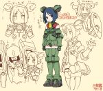  absurdres aries_(mobile_suit) armor black_hair brown_eyes collage commentary_request dofn double_bun elbow_gloves gloves gundam gundam_wing headgear highres leo_(mobile_suit) mecha mecha_musume shield short_hair simple_background thighhighs translation_request 