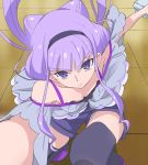  black_hairband black_legwear breasts cleavage closed_mouth double_bun frown hairband haruyama_kazunori hugtto!_precure long_hair looking_at_viewer low_twintails outstretched_arms precure purple_eyes purple_hair purple_shorts ruru_amour shorts solo thighhighs twintails 