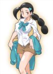  black_hair blue_bow blue_neckwear bow bowtie breasts brown_eyes brown_skirt cleavage closed_mouth collarbone collared_shirt covered_nipples eyebrows eyelashes gym_leader hair_ornament large_breasts long_hair looking_at_viewer miniskirt pokemon pokemon_(game) pokemon_dppt shirt skirt smile solo suzuna_(pokemon) twintails white_background white_shirt zaitsu 