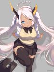  ahoge arm_support azur_lane black_footwear black_legwear black_neckwear black_skirt blue_eyes bow bowtie breasts dark_skin eyebrows_visible_through_hair facial_mark grey_background heart_ahoge heterochromia horns indianapolis_(azur_lane) large_breasts leaning_back long_hair long_sleeves looking_at_viewer parted_lips pink_hair pleated_skirt shirt shoes simple_background sitting skirt sleeveless solo takashiru thighhighs twintails twitter_username very_long_hair vest white_shirt yellow_eyes 
