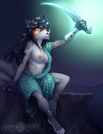  2018 5_fingers abluedeer anthro black_hair breasts canine clothed clothing detailed_background digital_media_(artwork) eyelashes female hair holding_object holding_weapon mammal melee_weapon nipples solo sword weapon wolf 